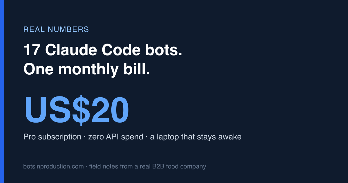 17 Claude Code bots, one monthly bill: US$20