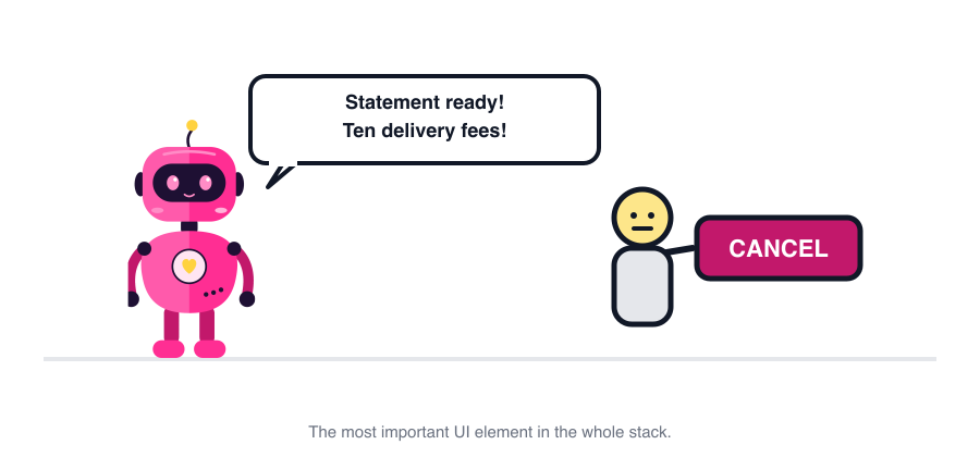 PNK-01 proudly announcing ten delivery fees while a human reaches for the Cancel button