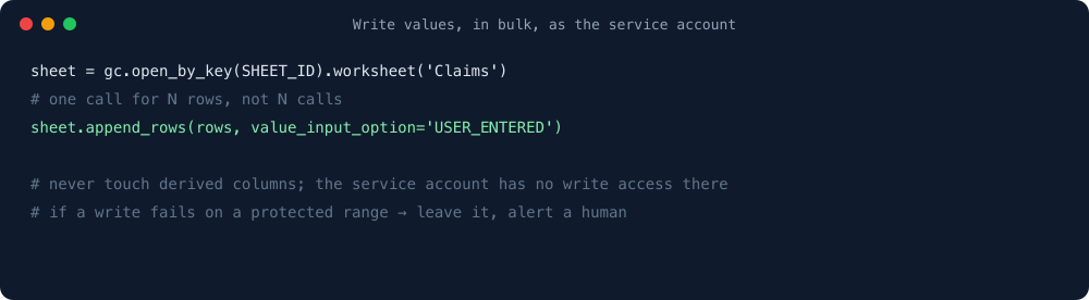 Write values in bulk, as the service account